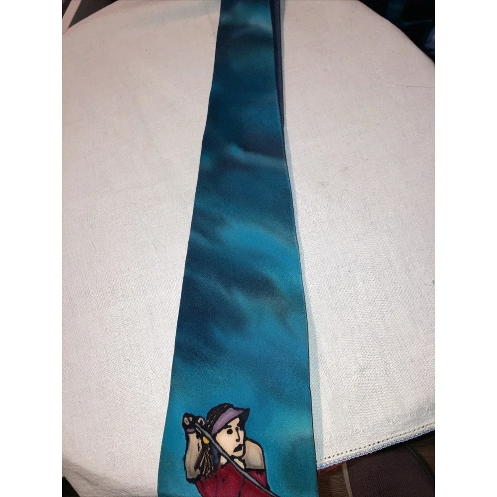 Robert Daskal Hand Painted Silk‎ Golf Tie Sofia Knegt Soubal Green Blue Novelty